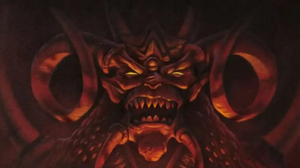 A menacing creature with glowing yellow eyes and fiery orange-red skin. It has sharp fangs, large curved horns, and an intense expression, set against a dark background.