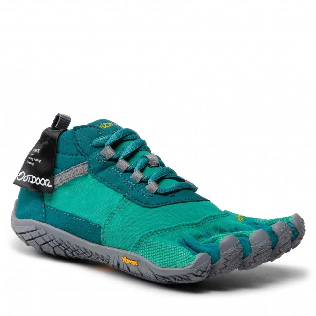 A pair of teal and gray Vibram FiveFingers shoes, featuring a unique toe separation design, sits on a white background. The shoes have a textured sole and are made for outdoor activities.