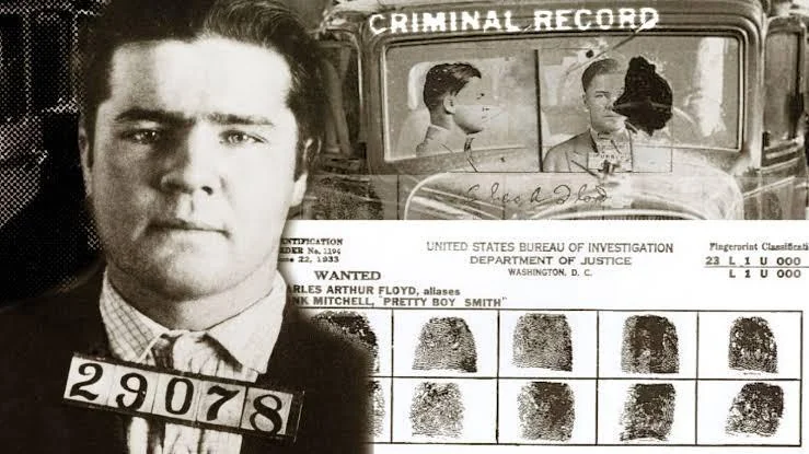 Sepia-toned collage featuring a mugshot of a man with ID number 29078, a "Wanted" poster, fingerprints, and a vintage "Criminal Record" sign with blurred fingerprints behind it.