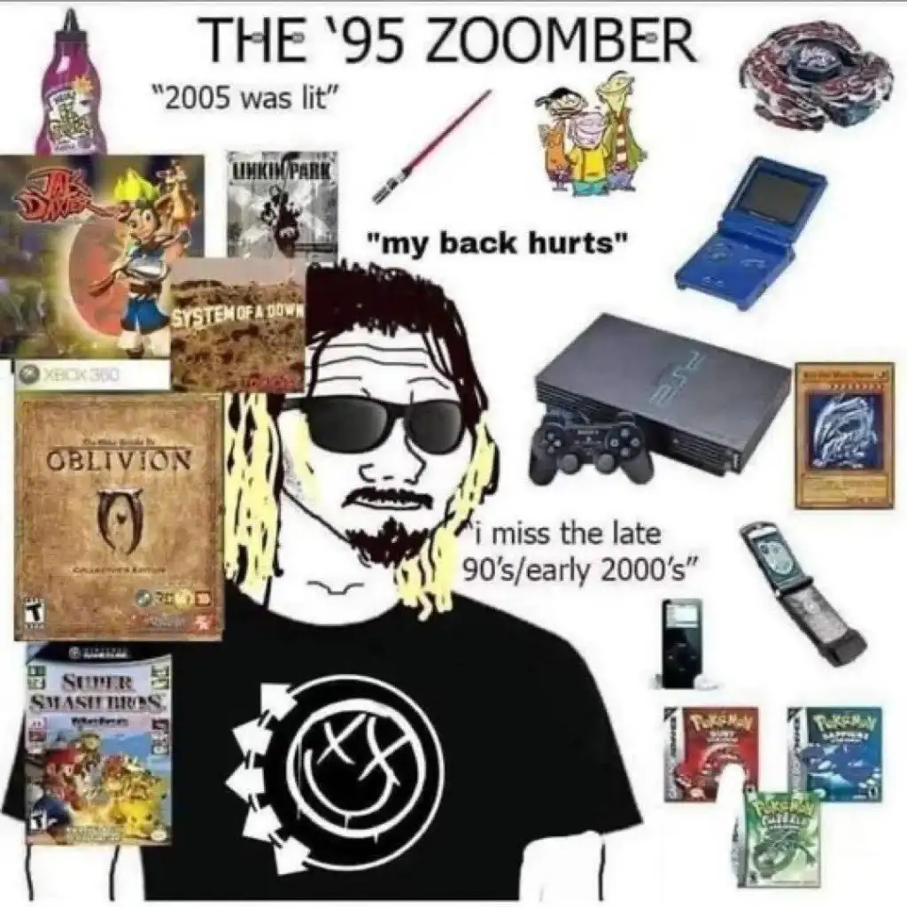 Collage titled "The '95 Zoomber" featuring a cartoon person surrounded by nostalgic items from the late 90s to early 2000s, including video games, a PS2, Game Boy Advance, flip phone, Yu-Gi-Oh! cards, and music albums. Text references 2005 and back pain.