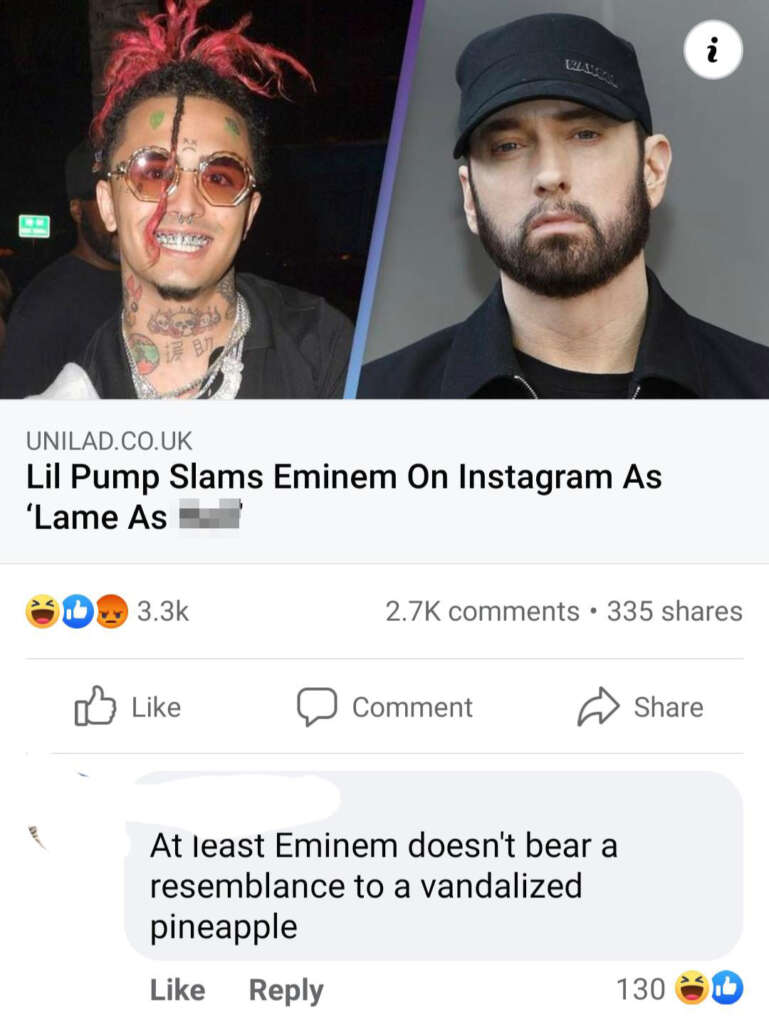 Split image with Lil Pump on the left, wearing glasses and jewelry, and Eminem on the right, in a black cap and jacket. A comment below jokes about Eminem not resembling a vandalized pineapple, with various reactions shown.