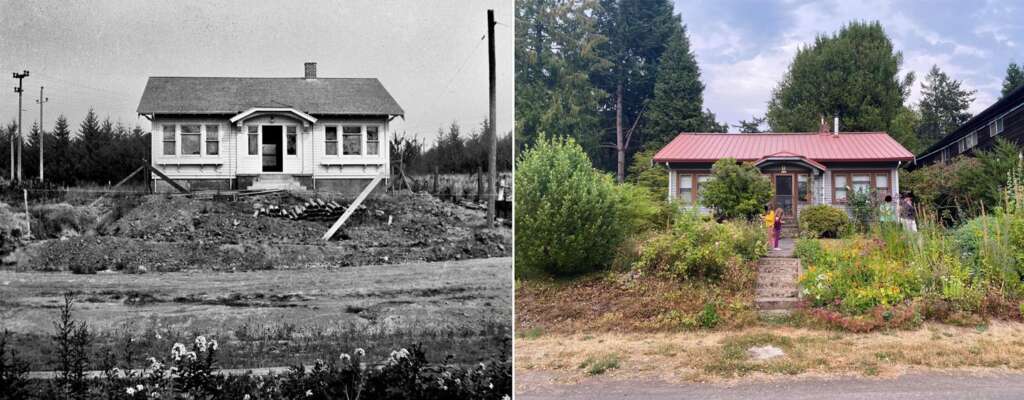 Left: A black-and-white photo of an older house with minimal landscaping and a dirt path. Right: A color photo of the same house, now with vibrant grown foliage and a metal roof, showing changes over time.