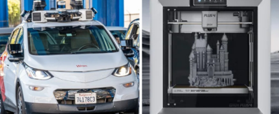 A self-driving car equipped with multiple sensors is parked beside a 3D printer creating a detailed castle model. The scene showcases advanced technology in autonomous vehicles and 3D printing.