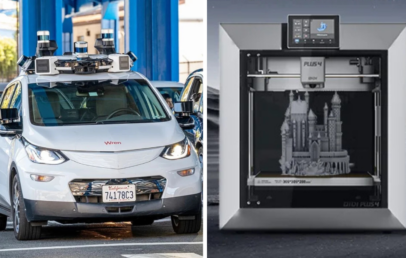 A self-driving car equipped with multiple sensors is parked beside a 3D printer creating a detailed castle model. The scene showcases advanced technology in autonomous vehicles and 3D printing.