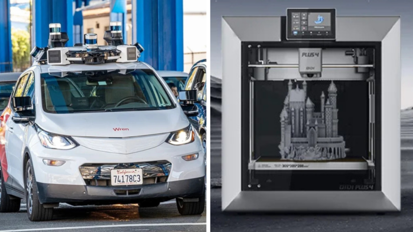 A self-driving car equipped with multiple sensors is parked beside a 3D printer creating a detailed castle model. The scene showcases advanced technology in autonomous vehicles and 3D printing.