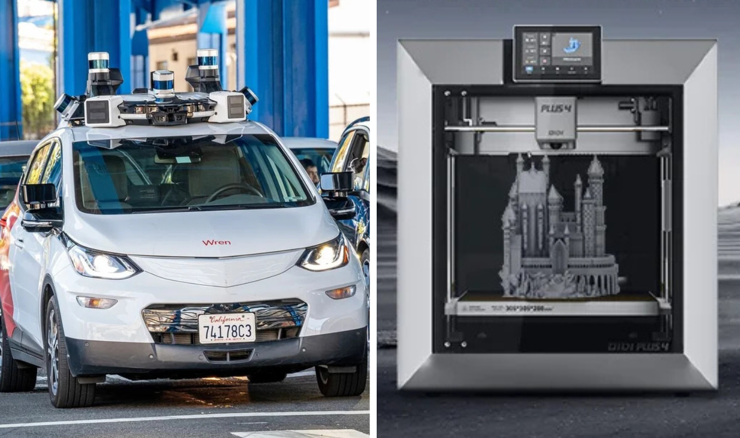 A self-driving car equipped with multiple sensors is parked beside a 3D printer creating a detailed castle model. The scene showcases advanced technology in autonomous vehicles and 3D printing.