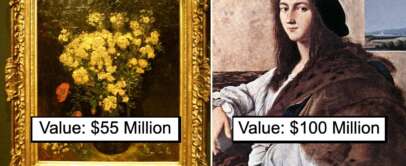 Two paintings side by side with price tags. Left: A floral still life with a price of $55 million. Right: A portrait of a person in historical attire with a price of $100 million.