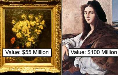 Two paintings side by side with price tags. Left: A floral still life with a price of $55 million. Right: A portrait of a person in historical attire with a price of $100 million.