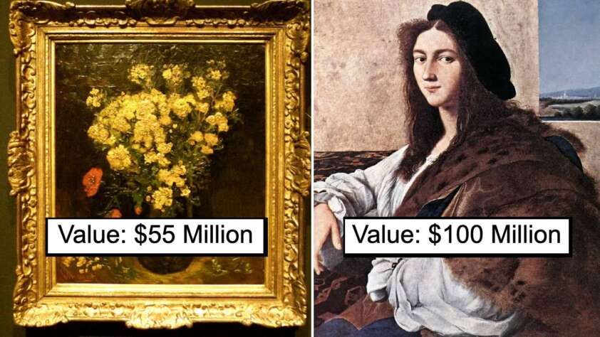 Two paintings side by side with price tags. Left: A floral still life with a price of $55 million. Right: A portrait of a person in historical attire with a price of $100 million.