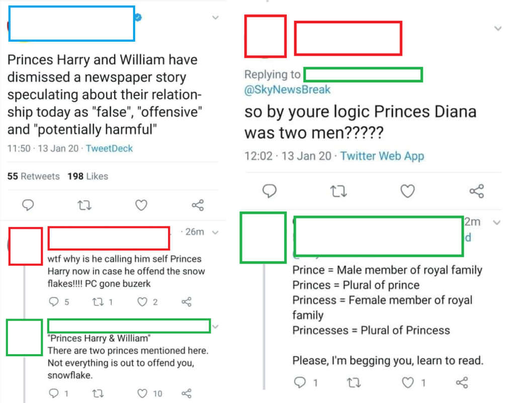 A collection of tweets discussing Princess Diana and the use of "Princes" Harry and William. Some tweets contain criticisms about sensitivity, language use, and media portrayal of their relationship. Snippets include colored highlights on the text.