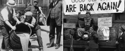 On the left, men in vintage attire pour out barrels of alcohol during Prohibition, supervised by a police officer. On the right, a celebration with a man holding a beer near a "Good Old Days Are Back Again!" sign, signifying the end of Prohibition.