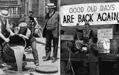 On the left, men in vintage attire pour out barrels of alcohol during Prohibition, supervised by a police officer. On the right, a celebration with a man holding a beer near a "Good Old Days Are Back Again!" sign, signifying the end of Prohibition.