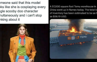 Left: A model in a multi-colored outfit resembling a mix of Scooby-Doo characters. Right: An aerial view of a large warehouse on fire with thick smoke rising, featuring the Temu logo.