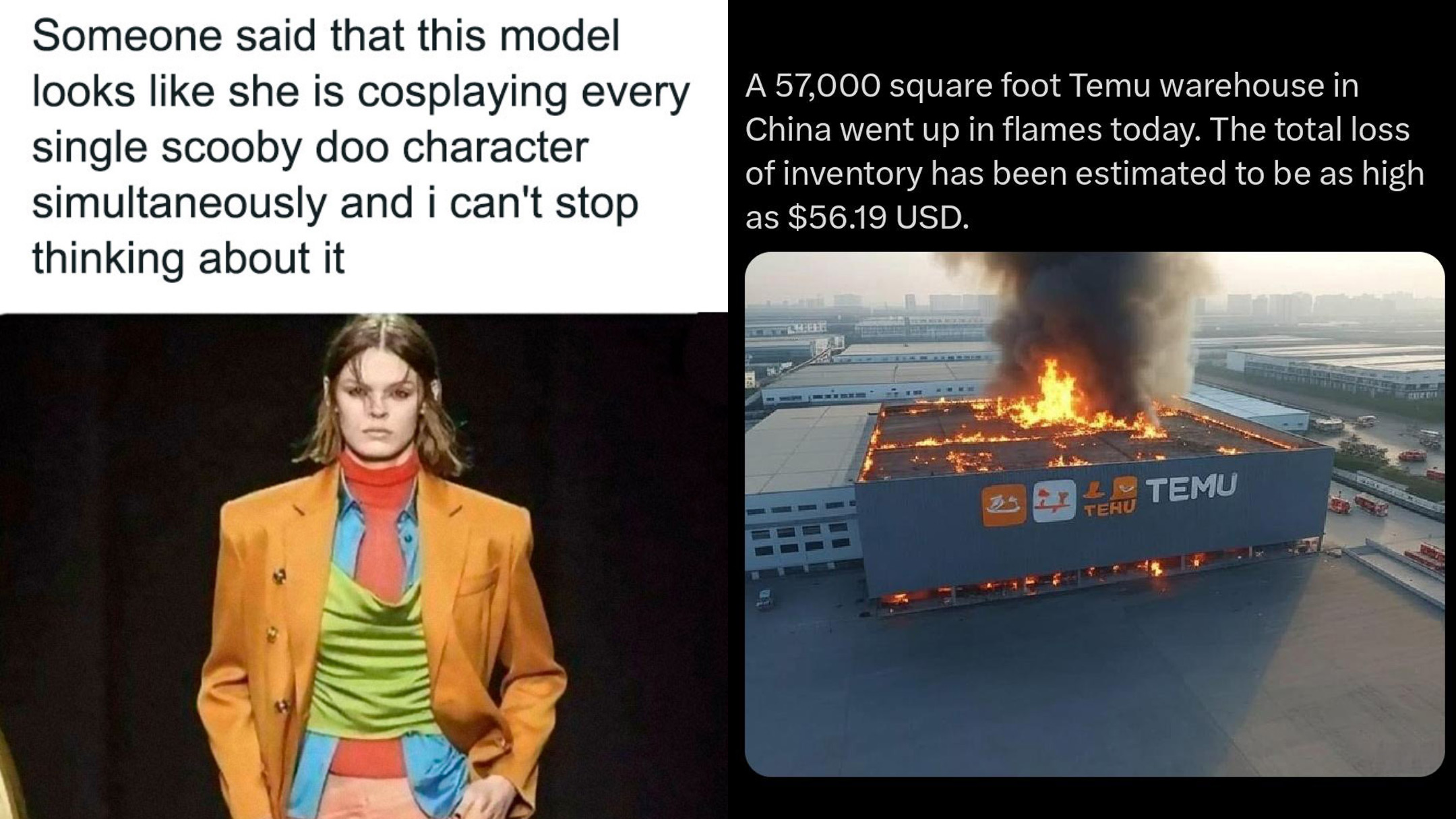 Left: A model in a multi-colored outfit resembling a mix of Scooby-Doo characters. Right: An aerial view of a large warehouse on fire with thick smoke rising, featuring the Temu logo.