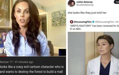 Split image: Left shows a woman on a webcam with long dark hair, wearing a casual top. Text describes her appearance humorously. Right features a tweet with a serious-looking female character in a lab coat from a TV show, responding to news of a renewal.