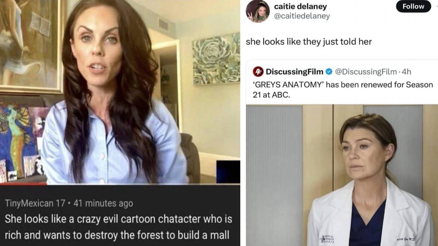 Split image: Left shows a woman on a webcam with long dark hair, wearing a casual top. Text describes her appearance humorously. Right features a tweet with a serious-looking female character in a lab coat from a TV show, responding to news of a renewal.