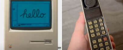 Left: A vintage computer displaying the word "hello" on its screen. Right: A hand holding a retro mobile phone with a numeric keypad and an old-style speaker.