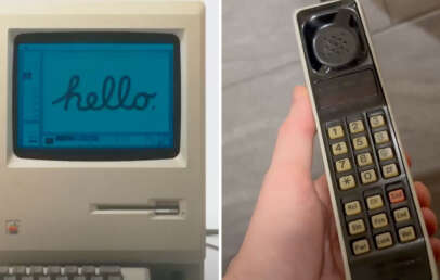 Left: A vintage computer displaying the word "hello" on its screen. Right: A hand holding a retro mobile phone with a numeric keypad and an old-style speaker.