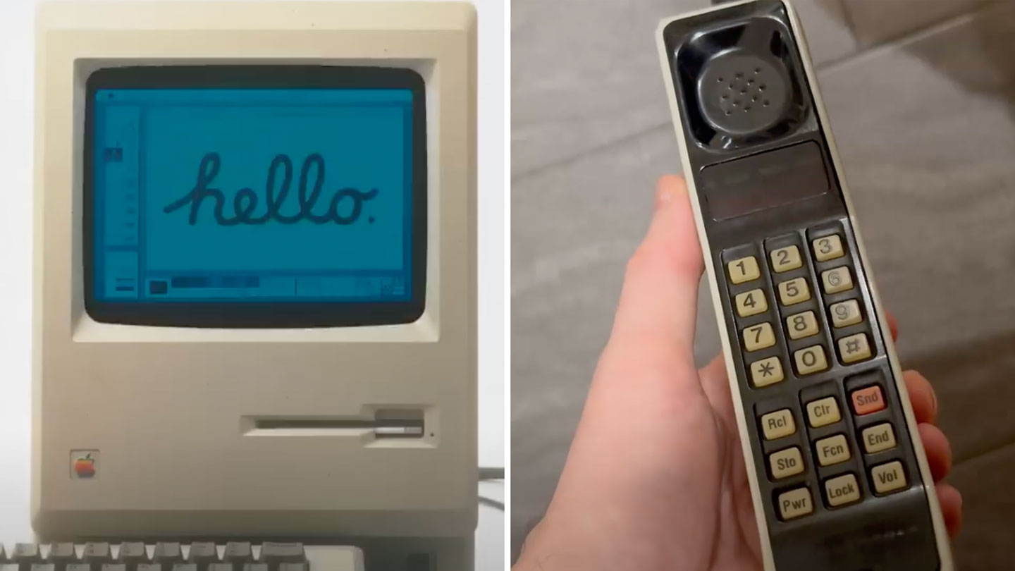 Left: A vintage computer displaying the word "hello" on its screen. Right: A hand holding a retro mobile phone with a numeric keypad and an old-style speaker.