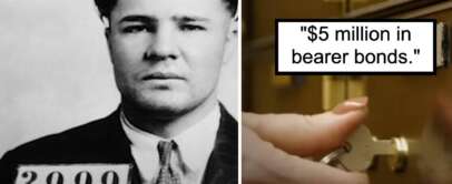 Black and white photo of a man with a prison number tag "3999." On the right, a color image shows a hand turning a key to open a safety deposit box. A text overlay reads, "$5 million in bearer bonds.