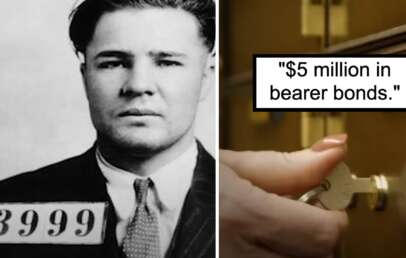 Black and white photo of a man with a prison number tag "3999." On the right, a color image shows a hand turning a key to open a safety deposit box. A text overlay reads, "$5 million in bearer bonds.