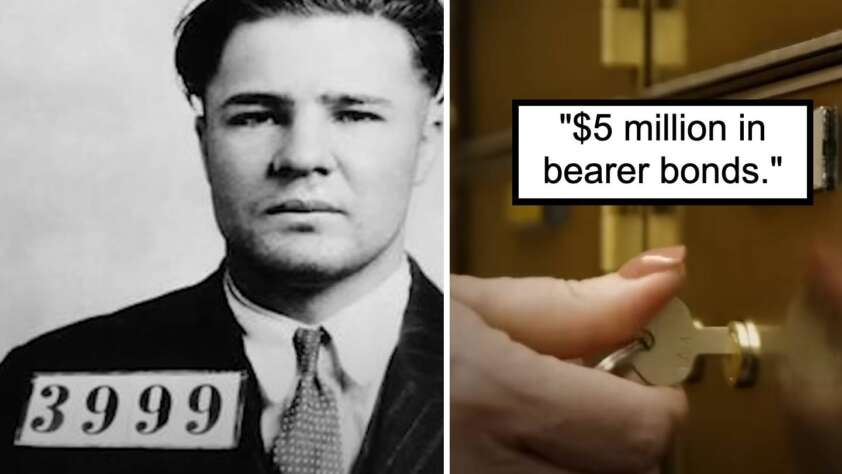 Black and white photo of a man with a prison number tag "3999." On the right, a color image shows a hand turning a key to open a safety deposit box. A text overlay reads, "$5 million in bearer bonds.