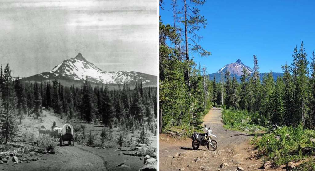 A split image showing a historical scene with a wagon in the foreground traveling through a forested area towards a snow-capped mountain, juxtaposed with a modern scene of a dirt bike on a similar forest path with the same mountain in view.