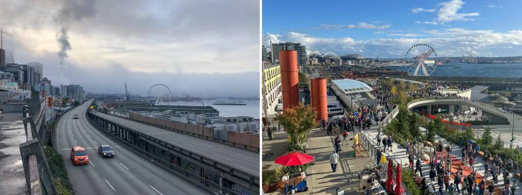 Split image: Left side shows a foggy cityscape with a highway, cars, and a barely visible Ferris wheel in the background. Right side features a sunny scene with a vibrant waterfront, crowds, and a clear view of the Ferris wheel.