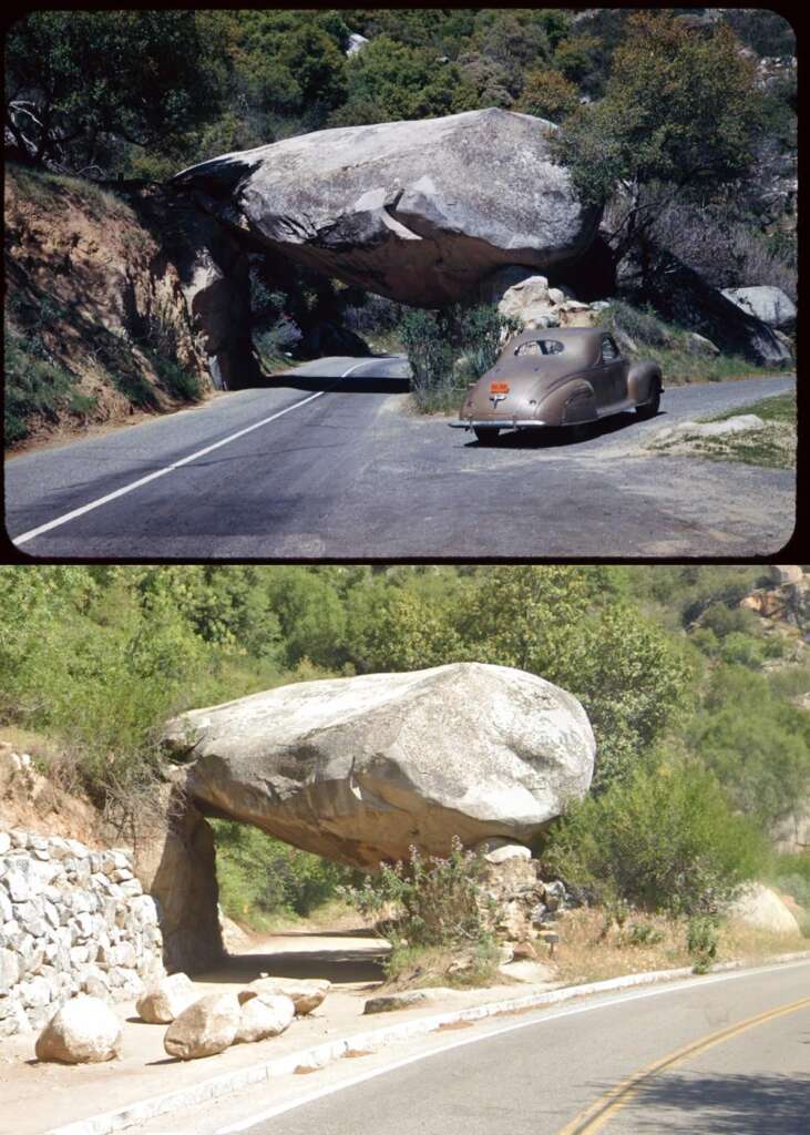 Top: A vintage car parked near a large boulder arching over a road, surrounded by trees and hills. Bottom: The same road and boulder in a more recent setting, with additional rocks on the side and greenery.