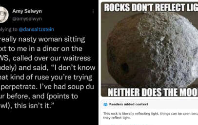 Tweet with a story about a woman in a diner claiming "soup du jour" is not the soup being served. To the right, an image showing a lumpy rock with the text "Rocks don't reflect light, neither does the moon." Below is a context note explaining rocks reflect light.