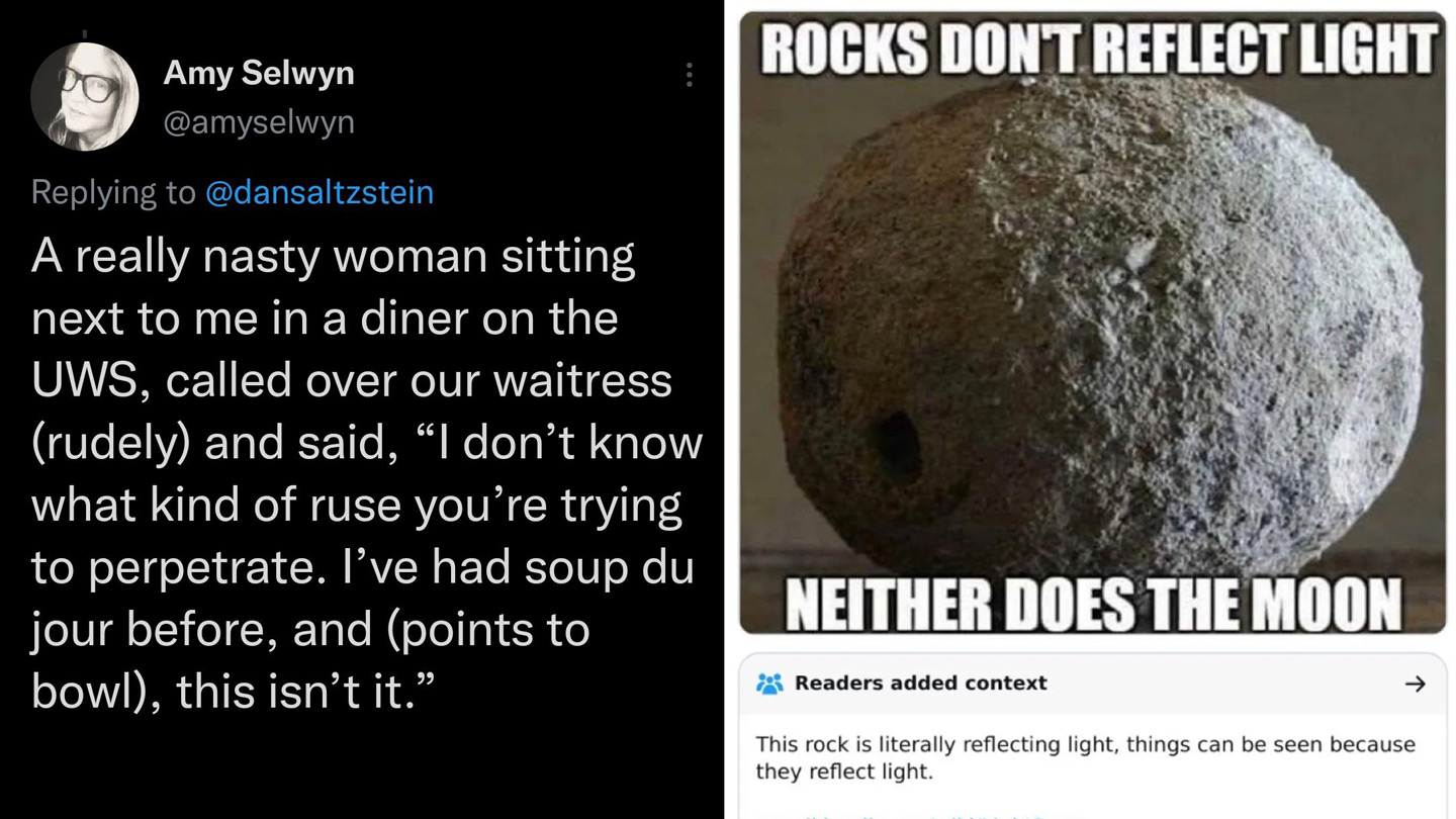 Tweet with a story about a woman in a diner claiming "soup du jour" is not the soup being served. To the right, an image showing a lumpy rock with the text "Rocks don't reflect light, neither does the moon." Below is a context note explaining rocks reflect light.