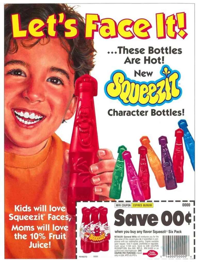 A vintage advertisement for Squeezit juice bottles featuring a smiling child holding a red bottle. The bottles have character faces. Text highlights the juice as having 10% fruit juice and includes a coupon for savings on a six-pack.