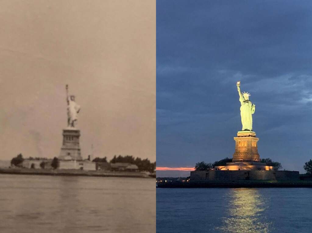 The image shows a split view of the Statue of Liberty, with a historical black-and-white photo on the left, and a modern color photo taken during dusk on the right, highlighting the statue illuminated against a darkening sky.