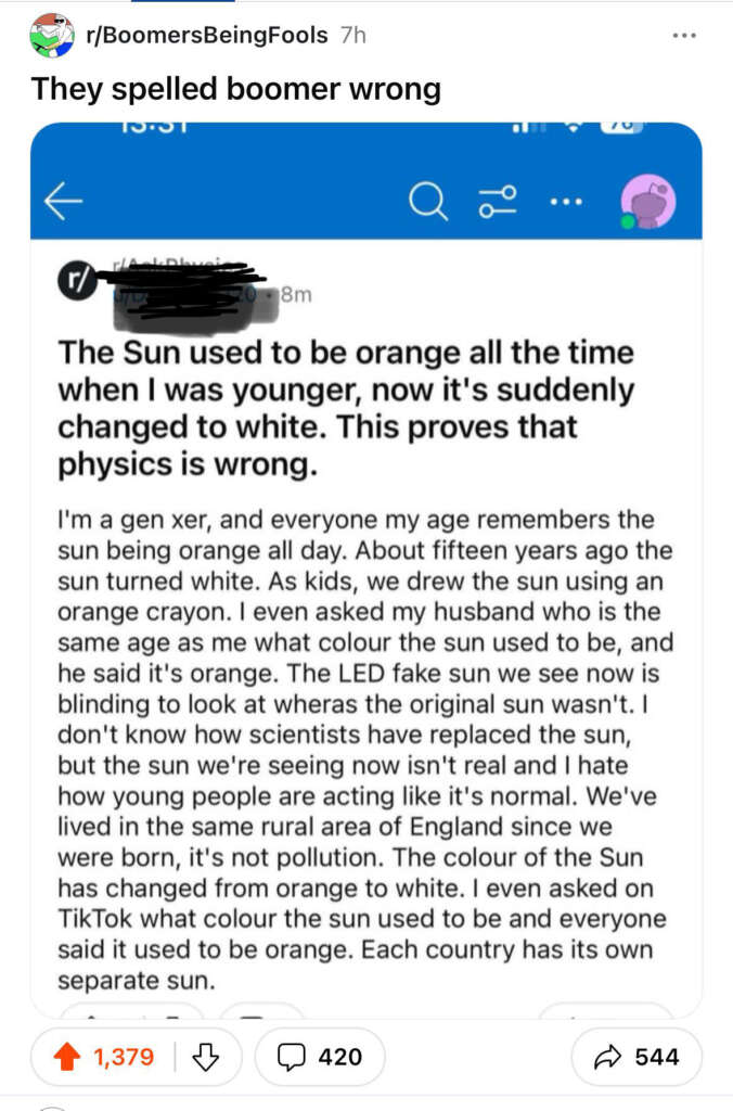 A screenshot of a Reddit post where a user claims the sun used to be orange during their childhood and now appears white, questioning if physics has changed. The post has high engagement, with numerous likes and comments.