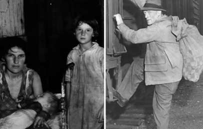 Left: A seated woman holds a sleeping baby, with a young girl standing beside them, inside a dimly lit space. Right: An older man carrying a large sack climbs onto a train, wearing a hat and coat. Both are in black and white.