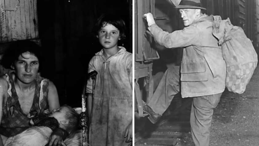 Left: A seated woman holds a sleeping baby, with a young girl standing beside them, inside a dimly lit space. Right: An older man carrying a large sack climbs onto a train, wearing a hat and coat. Both are in black and white.