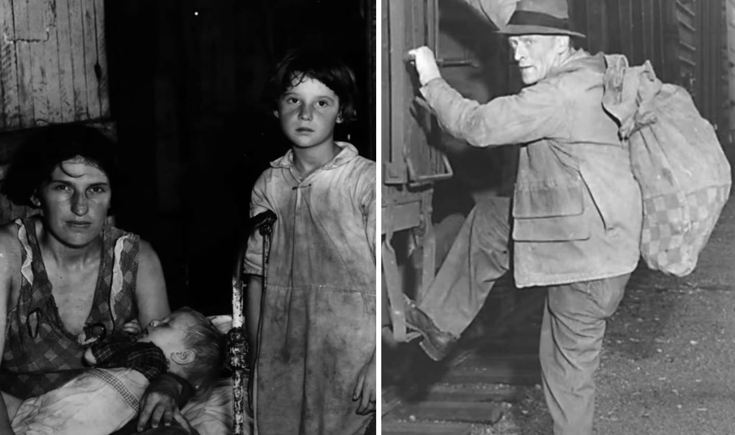 Left: A seated woman holds a sleeping baby, with a young girl standing beside them, inside a dimly lit space. Right: An older man carrying a large sack climbs onto a train, wearing a hat and coat. Both are in black and white.