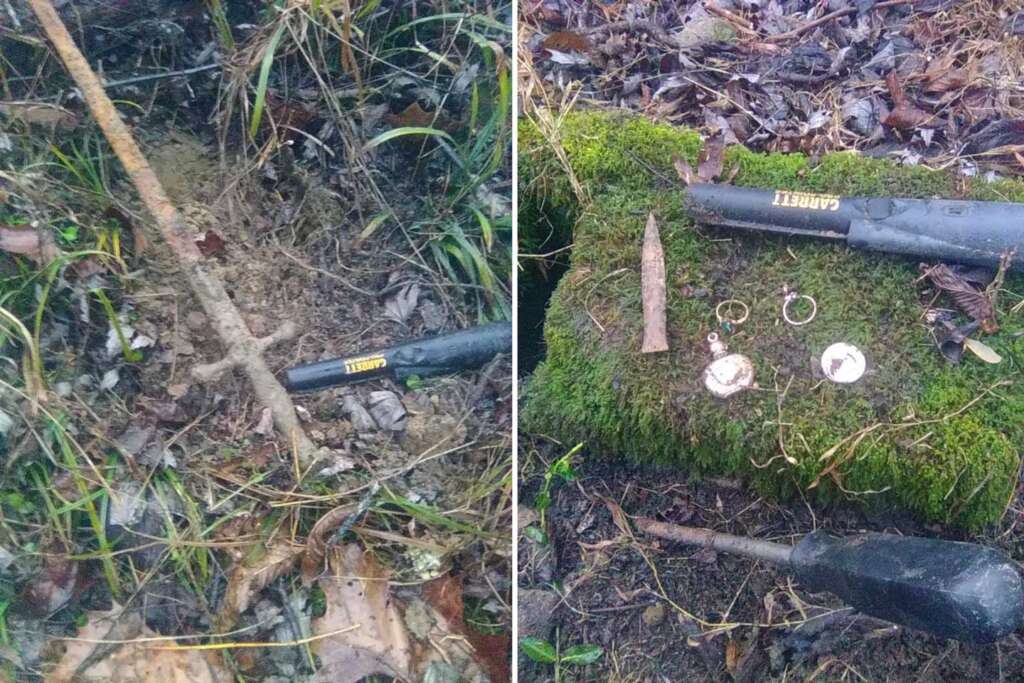 Split image: Left side shows a metal detector on the ground among grass and dirt. Right side displays various items on a mossy surface, including rings, coins, and a bullet.