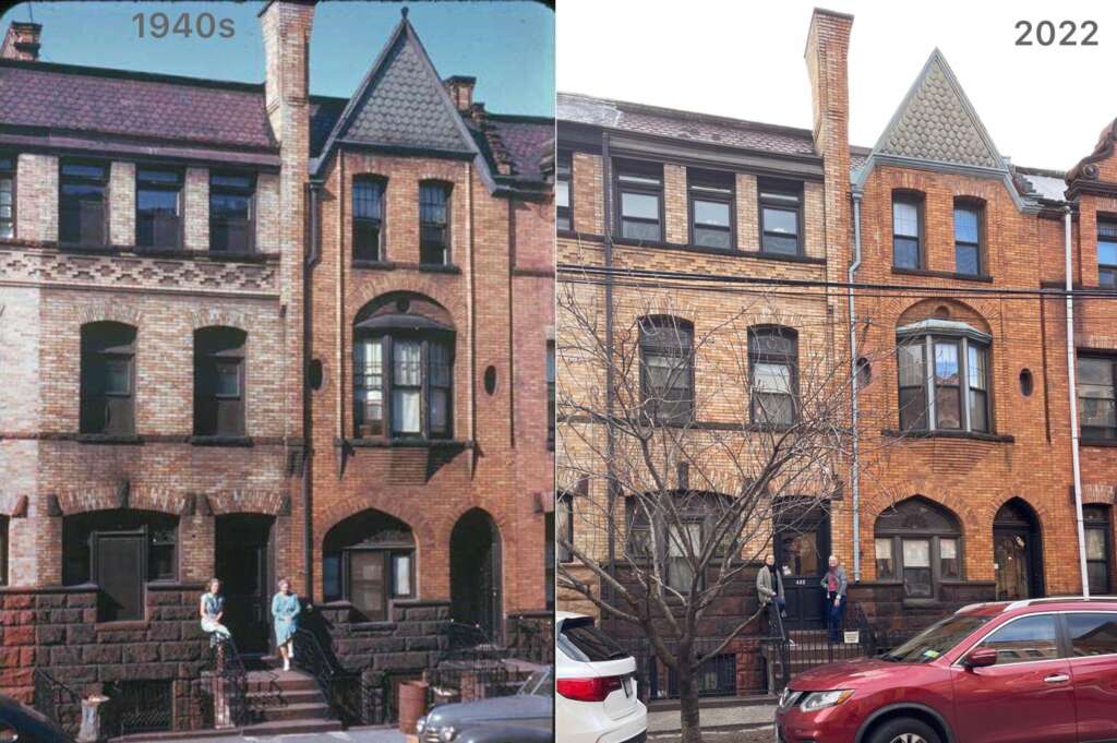 Side-by-side comparison of the same brick rowhouse from the 1940s and in 2022. The 1940s image shows retro clothing, while the 2022 image includes modern cars and updated exterior details.