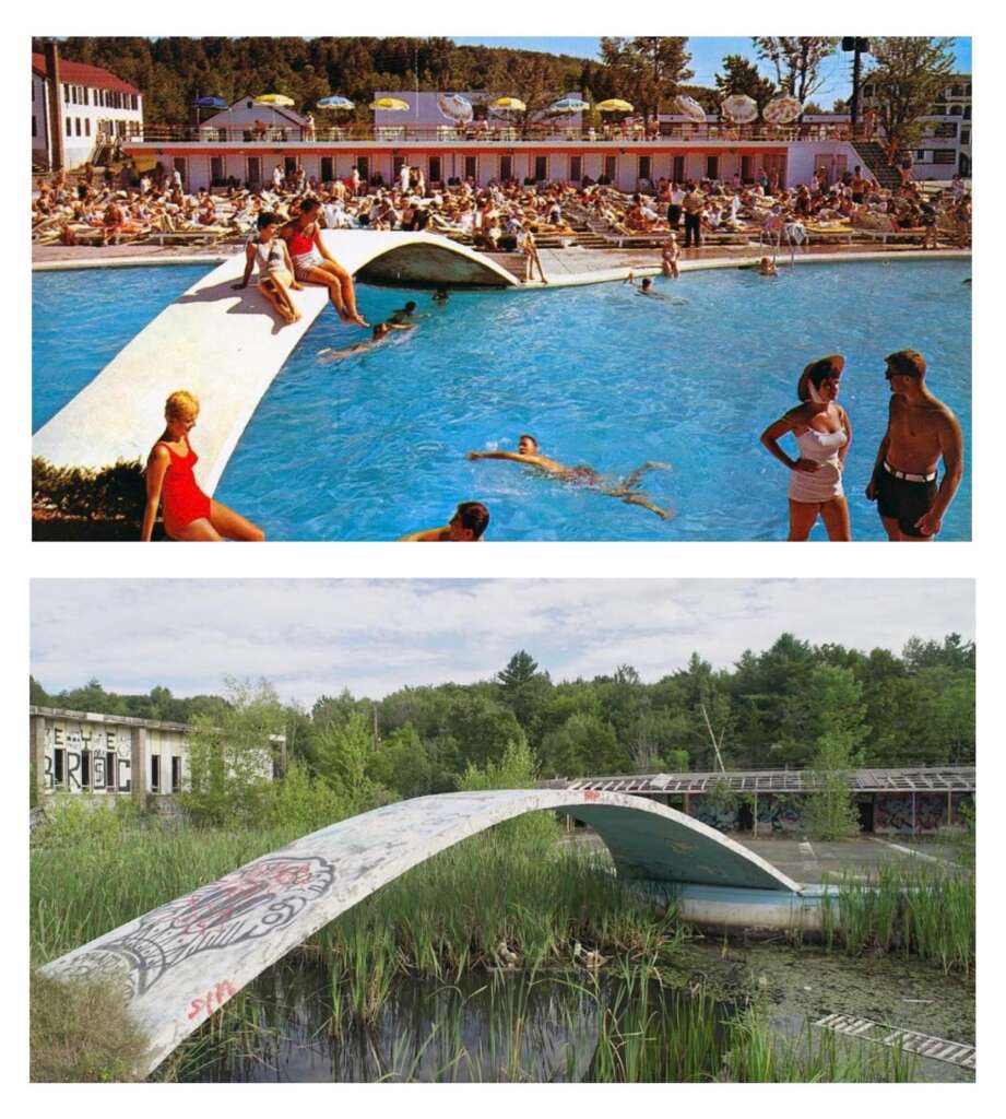 A diptych showing a pool area. Top: Vintage scene with people swimming and sunbathing around a vibrant pool with a curved bridge. Bottom: The same location, now abandoned, overgrown with vegetation and the pool empty.