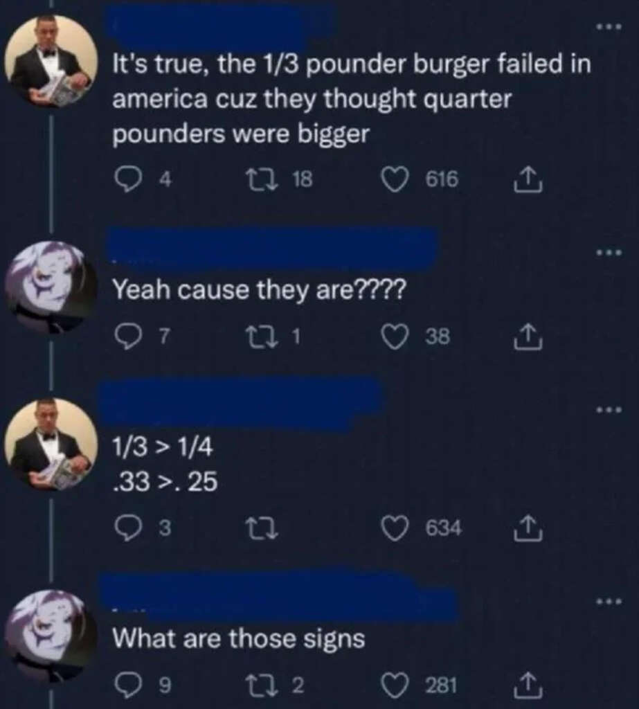 A social media thread discusses why a 1/3 pound burger failed in America. One user explains that people thought a 1/4 pound was bigger. Another asks about the mathematical signs used in the explanation.