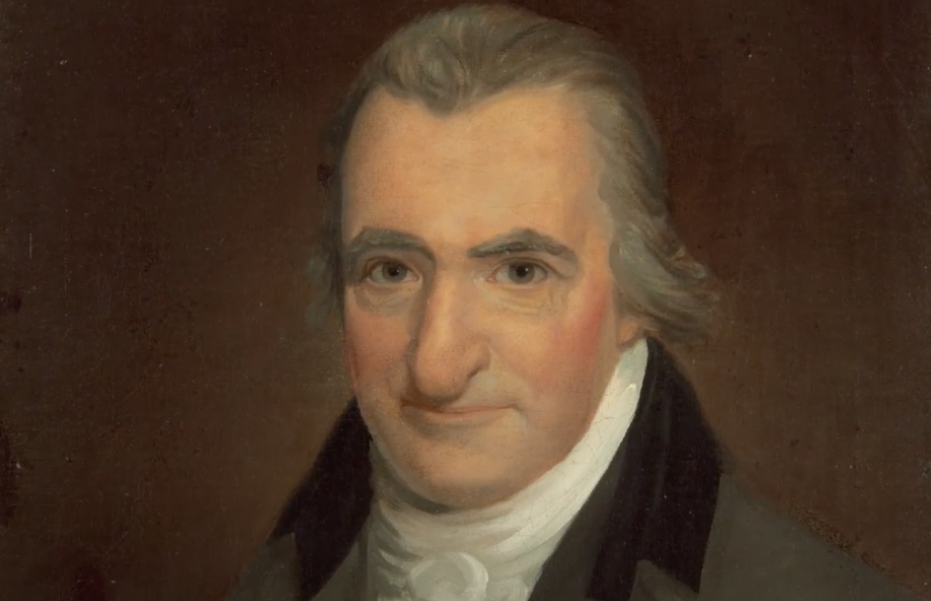 Portrait painting of a man with gray hair, wearing a dark coat and white cravat. The background is a plain, muted brown, highlighting the man's composed expression and subtle smile.