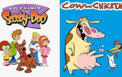 Left side: Cartoon characters from "A Pup Named Scooby-Doo," featuring a young Scooby-Doo and four kids. Right side: Cartoon characters Cow and Chicken from the show "Cow and Chicken," standing together on a blue background.