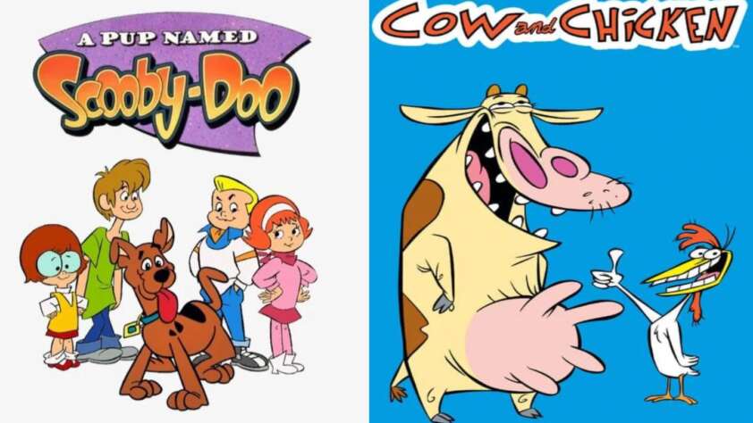 Left side: Cartoon characters from "A Pup Named Scooby-Doo," featuring a young Scooby-Doo and four kids. Right side: Cartoon characters Cow and Chicken from the show "Cow and Chicken," standing together on a blue background.