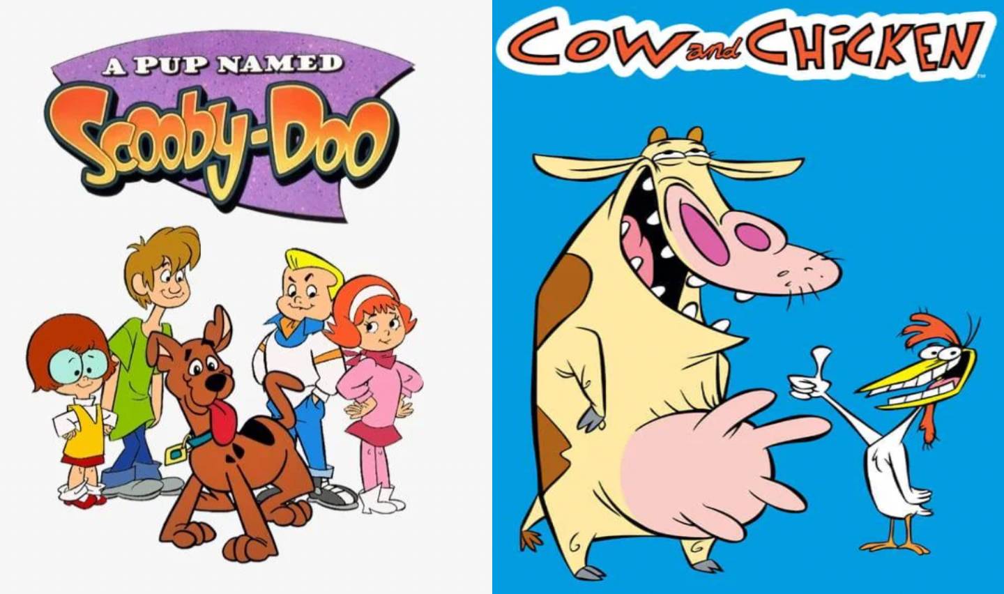 Left side: Cartoon characters from "A Pup Named Scooby-Doo," featuring a young Scooby-Doo and four kids. Right side: Cartoon characters Cow and Chicken from the show "Cow and Chicken," standing together on a blue background.