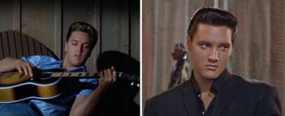 Two images side by side: Left, a person reclines playing an acoustic guitar, wearing a light blue shirt. Right, the same person is dressed in a black suit with slicked-back hair, gazing to the side. Both images have a vintage look.