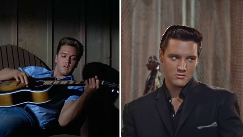 Two images side by side: Left, a person reclines playing an acoustic guitar, wearing a light blue shirt. Right, the same person is dressed in a black suit with slicked-back hair, gazing to the side. Both images have a vintage look.