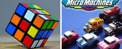 Split image: Left shows a solved Rubik’s Cube with colorful squares; right displays Micro Machines, small toy vehicles, on a blue surface with the logo above them.