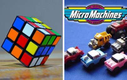 Split image: Left shows a solved Rubik’s Cube with colorful squares; right displays Micro Machines, small toy vehicles, on a blue surface with the logo above them.