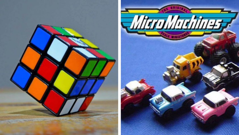 Split image: Left shows a solved Rubik’s Cube with colorful squares; right displays Micro Machines, small toy vehicles, on a blue surface with the logo above them.